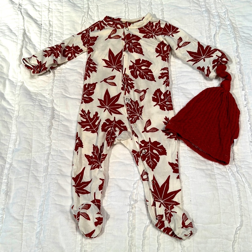 Spearmint Love Fall leaves onesie and newborn waffle tie knot beanie